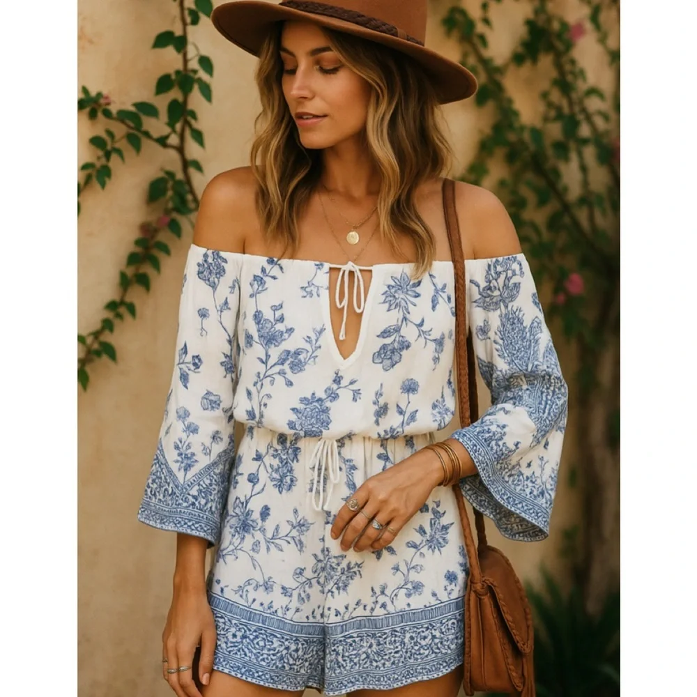 Jetset Diaries Blue White Floral Off Shoulder Boho Romper XS